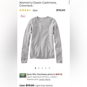 LL Bean Women’s classic cashmere crew neck sweater